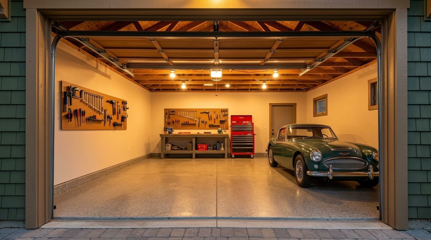 Whitmore Garage Door Services Interior View of Custom Garage Door Overhead and Workshop